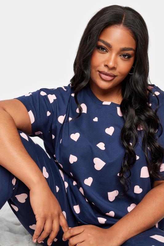 YOURS Plus Size Navy Blue Heart Print Pyjama Set | Yours Clothing 4