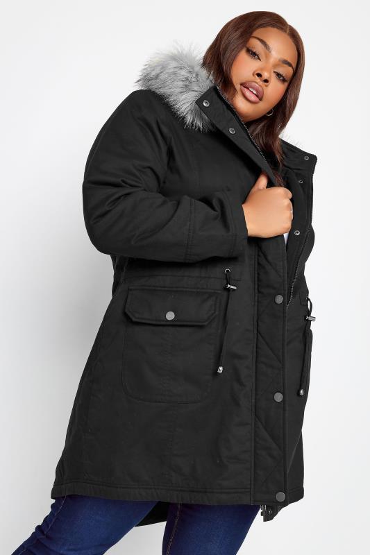 Plus Size  YOURS Curve Black Faux Fur Hood Parka Coat