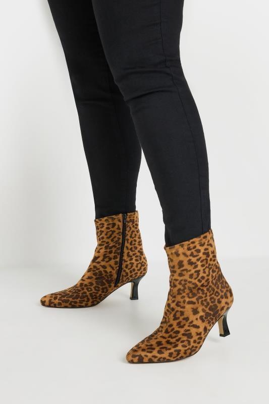 Plus Size  Beige Brown Leopard Print Heeled Ankle Boots In Extra Wide EEE Fit