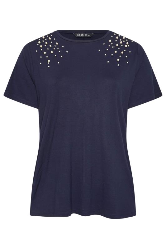 YOURS Plus Size Navy Blue Pearl Detail T-Shirt | Yours Clothing 5