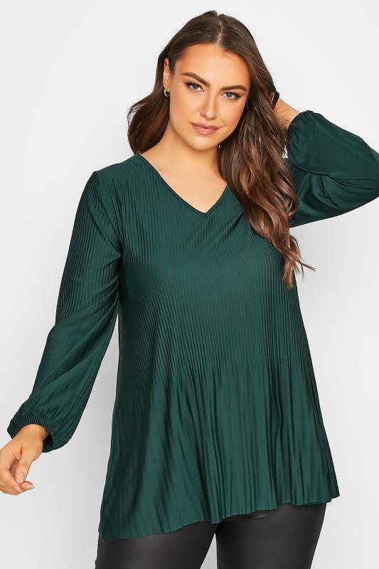 Curve Plus Size Green Long Sleeve Plisse Pleated Swing Top | Yours Clothing 1