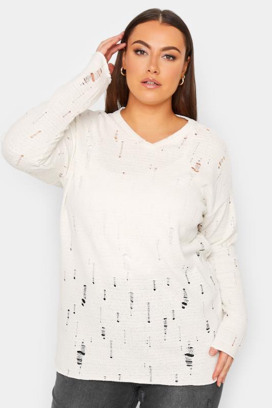 Plus Size  YOURS LUXURY Curve Ivory White Distressed Stitch Knitted Jumper