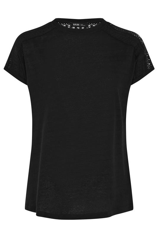 YOURS Plus Size Black Crochet Detail Linen T-Shirt | Yours Clothing 5