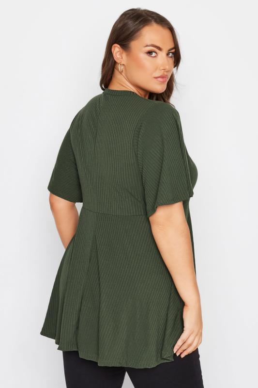 YOURS Plus Size Dark Green Keyhole Ribbed Peplum Top | Yours Clothing 3