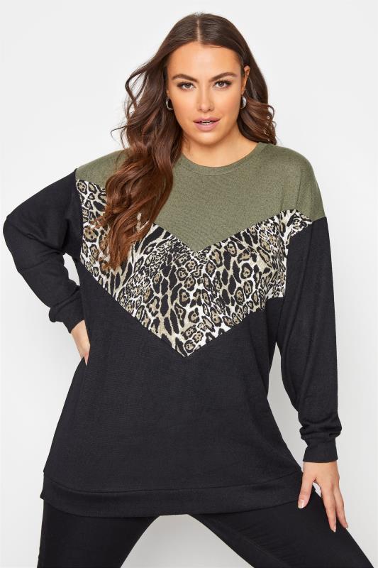 Plus Size Curve Black Leopard Print Colour Block Knitted Top | Yours Clothing 1