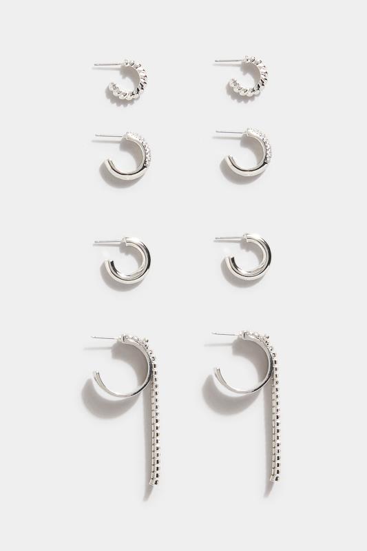 4 PACK Silver Tone Assorted Diamante Hoop Earrings | Yours Clothing 2