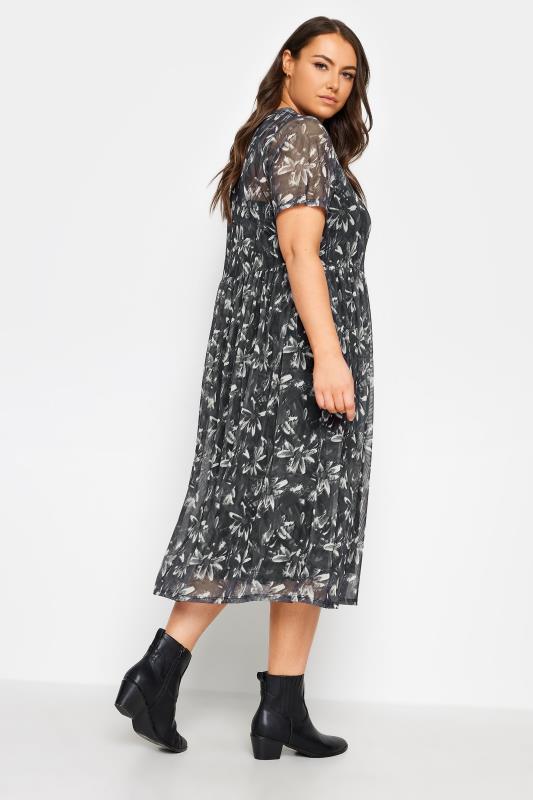 YOURS Plus Size Black & White Floral Print Mesh Smock Dress | Yours Clothing 4