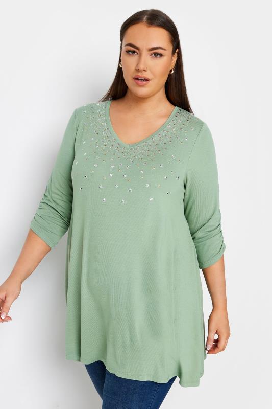 Plus Size  YOURS Curve Green Star Embellished Swing Top