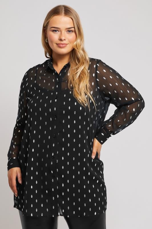 YOURS LONDON Plus Size Black Metallic Foil Crinkle Shirt | Yours Clothing 1