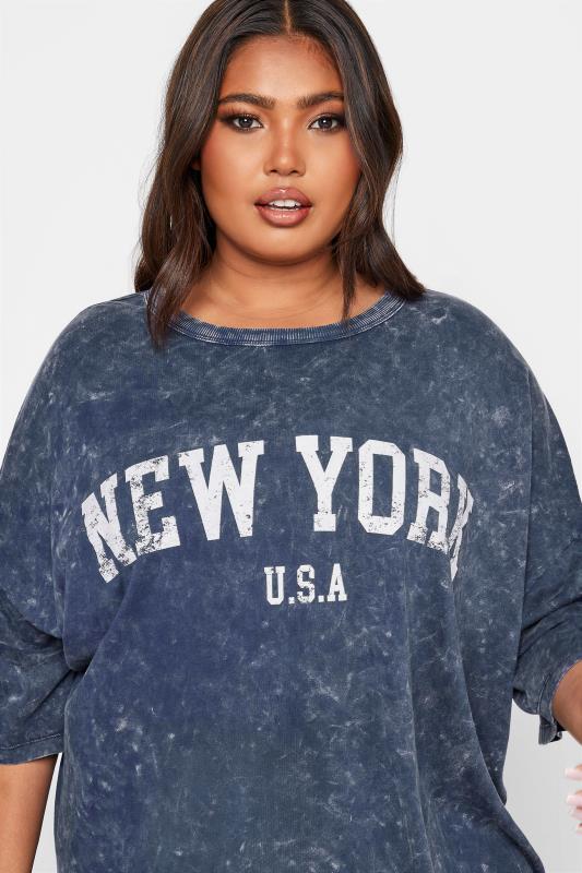 Curve Navy Blue Acid Wash 'New York' Oversized T-Shirt_D.jpg