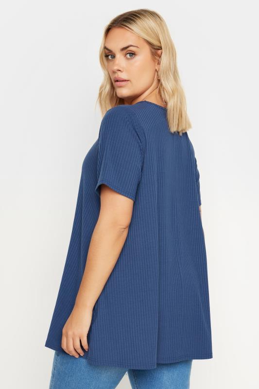 YOURS Plus Size Blue Button Front Ribbed T-Shirt | Yours Clothing 3