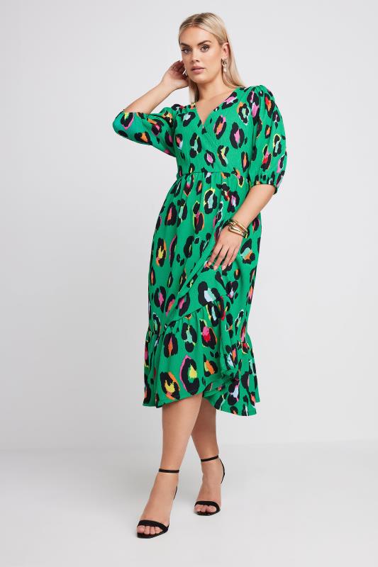 Plus Size  LIMITED COLLECTION Curve Green Leopard Print Textured Wrap Dress