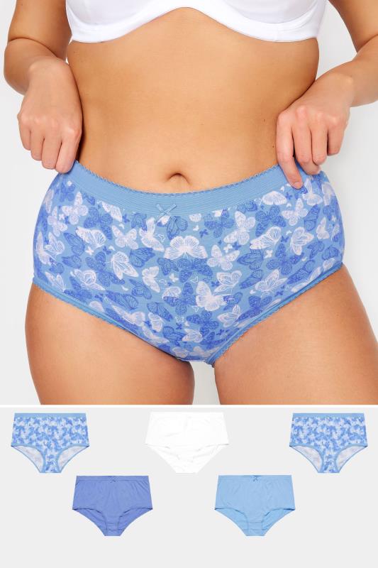 YOURS 5 PACK Plus Size Blue & White Butterfly Design High Waisted Full Briefs | Yours Clothing 1