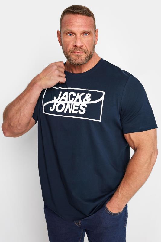 JACK & JONES Big & Tall 2 PACK Navy Blue & Khaki Green Logo T-Shirts_A.jpg