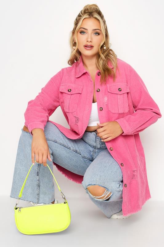 Plus Size  LIMITED COLLECTION Curve Hot Pink Ripped Cord Shacket