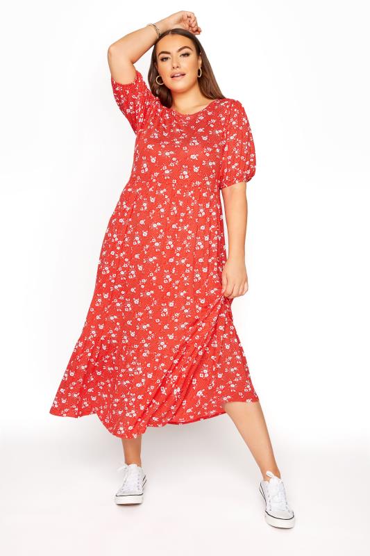 Curve Red Floral Short Sleeve Maxi Dress 1