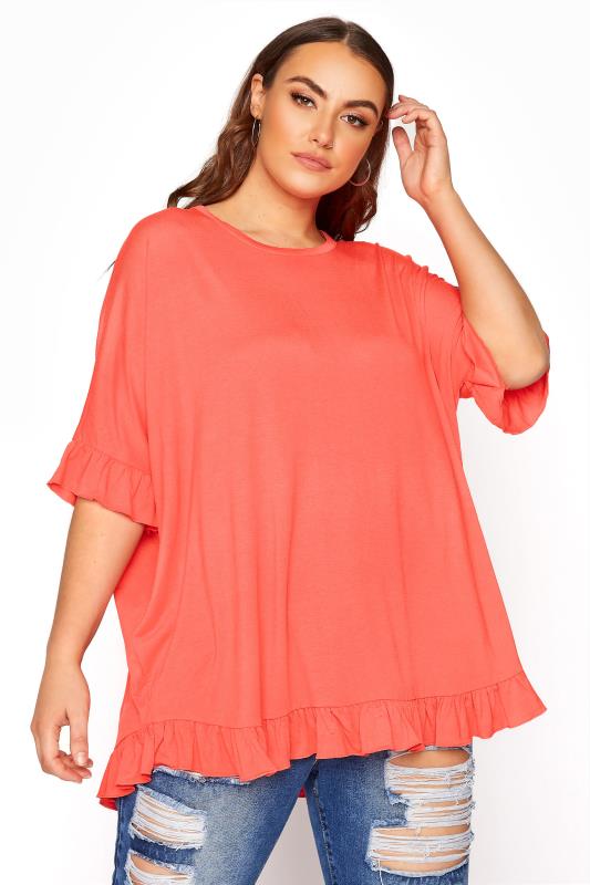 Plus Size  LIMITED COLLECTION Coral Oversized Frill Jersey T-Shirt