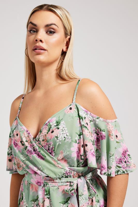 YOURS LONDON Plus Size Green Floral Print Cold Shoulder Top | Yours Clothing 4