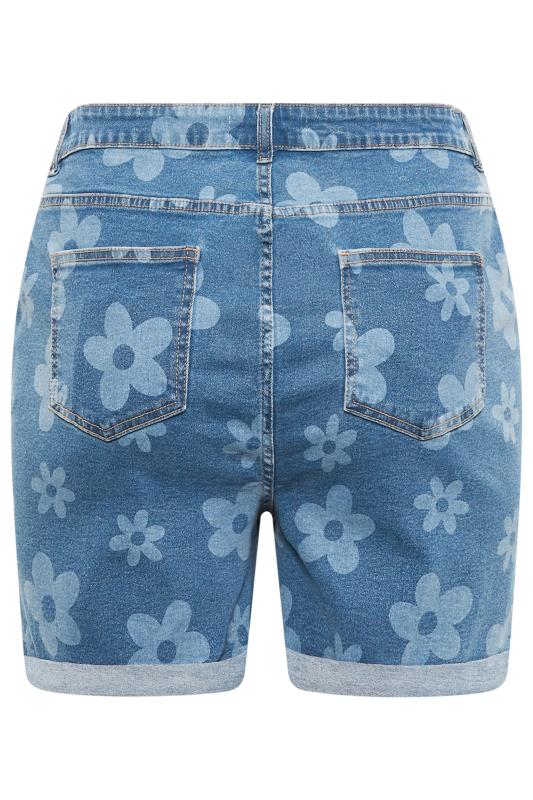 YOURS Plus Size Blue Floral Print Stretch Denim Shorts | Yours Clothing 7