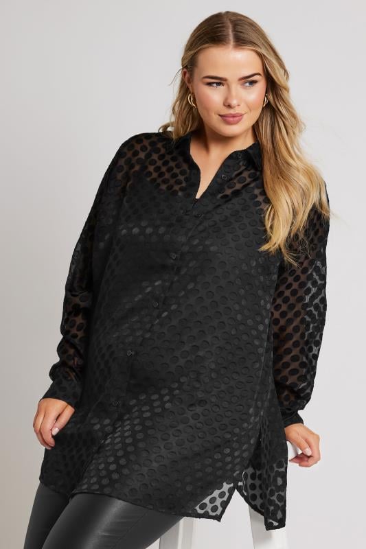 YOURS LONDON Plus Size Black Burnout Polka Dot Shirt | Yours Clothing  1