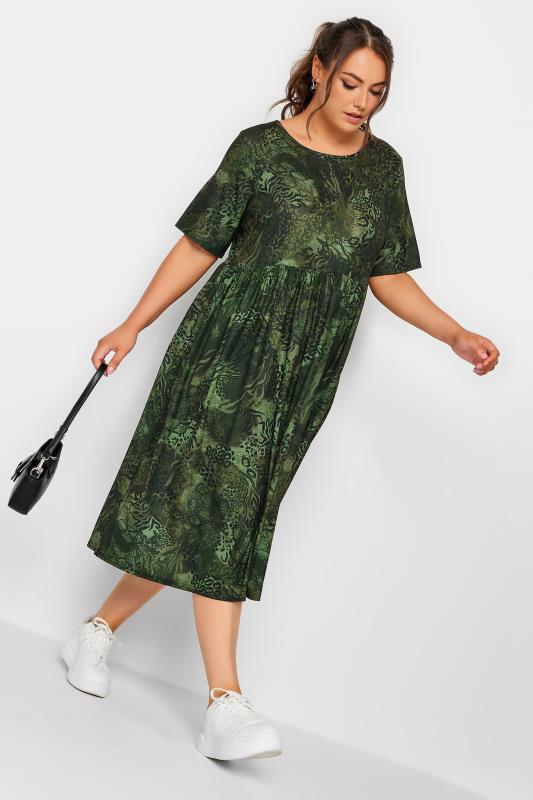 LIMITED COLLECTION Curve Plus Size Green Animal Print Smock Midaxi Dress | Yours Clothing  2