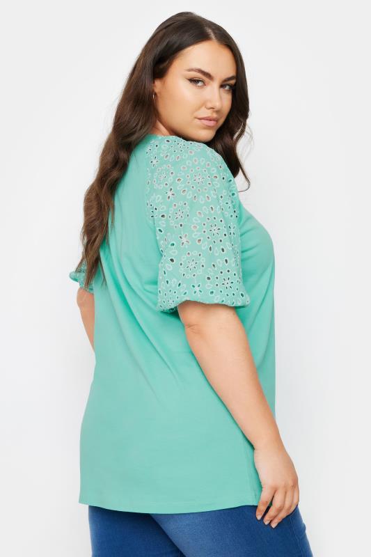 YOURS Plus Size Green Broderie Anglaise Sleeve T-Shirt | Yours Clothing 3