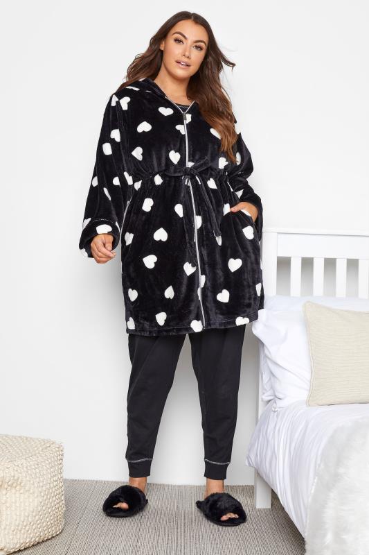 Plus Size Black Heart Print Zip Dressing Gown | Yours Clothing 1