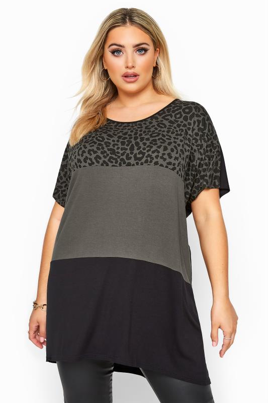 Charcoal Grey Animal Print Colour Block Top | Yours Clothing