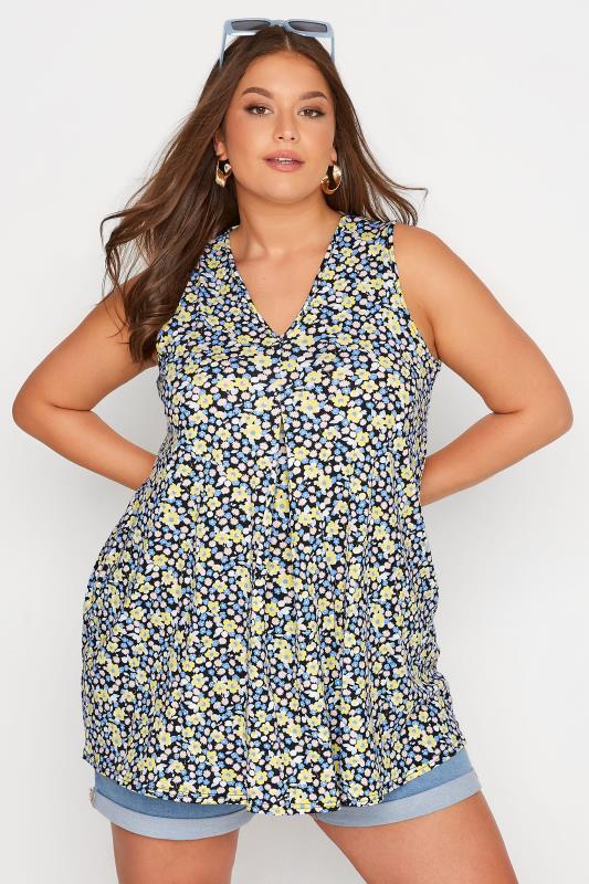 Plus Size Yellow & Blue Floral Swing Vest Top | Yours Clothing 1