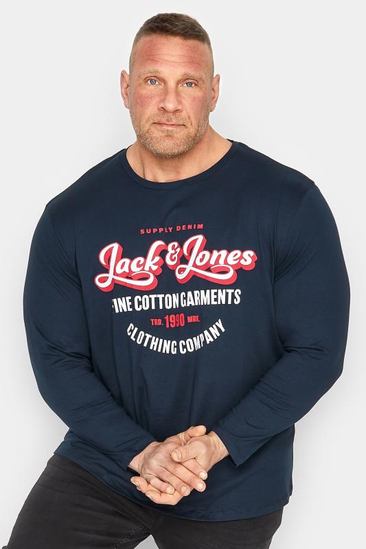 JACK & JONES Big & Tall Big & Tall Navy Blue Printed Long Sleeve T-Shirt | BadRhino 1