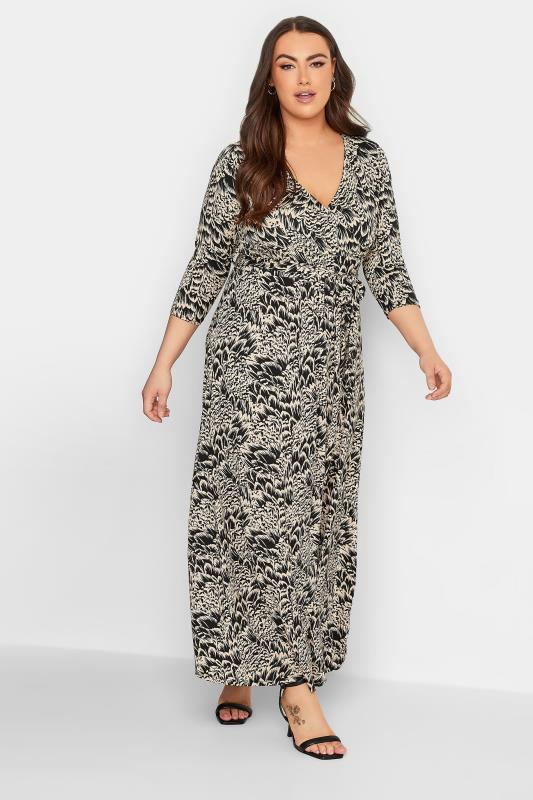 Plus Size Black & Beige Brown Abstract Floral V-Neck Maxi Dress | Yours Clothing 2