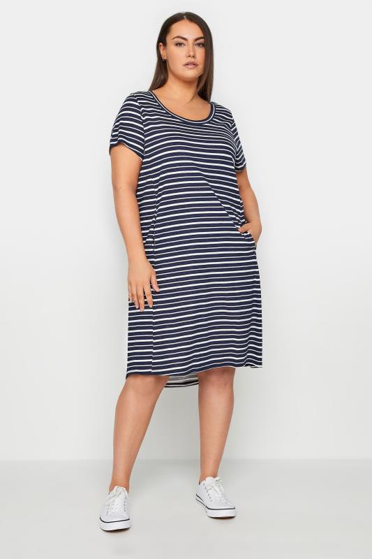 Plus Size  Evans Navy Blue Stripe Pocket Midi Dress