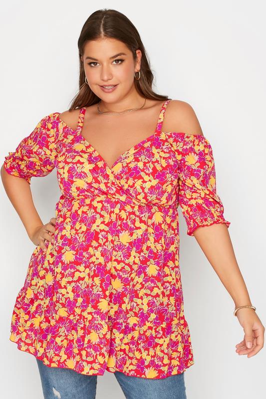 Plus Size Red Floral Cold Shoulder Top | Yours Clothing 3