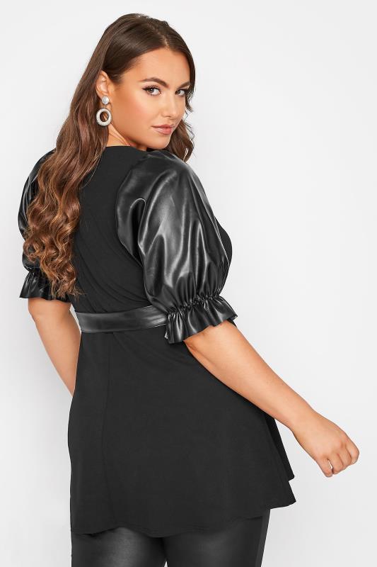 YOURS LONDON Plus Size Black Leather Look Puff Sleeve Peplum Top | Yours Clothing 3