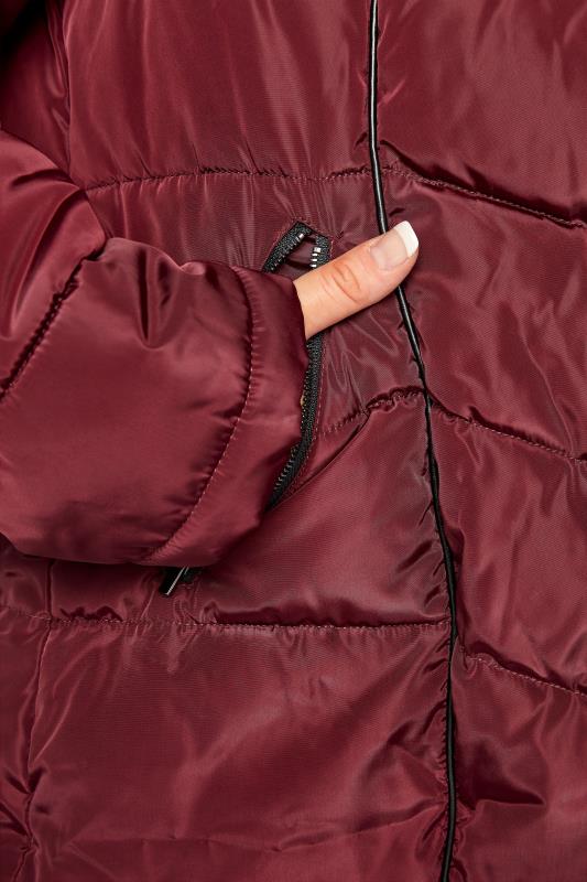 Curve Burgundy Red PU Faux Fur Trim Panelled Puffer Jacket 5