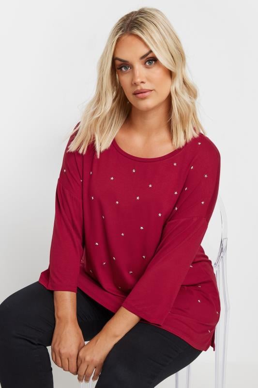 YOURS Plus Size Red Star Embellished Swing Top | Yours Clothing 1