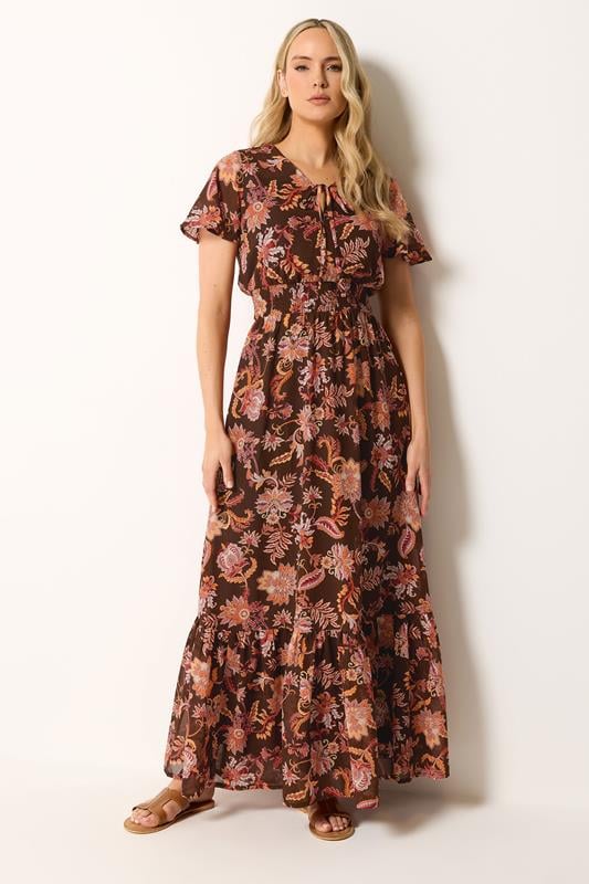  LTS Tall vestido largo marrón floral con cintura fruncida