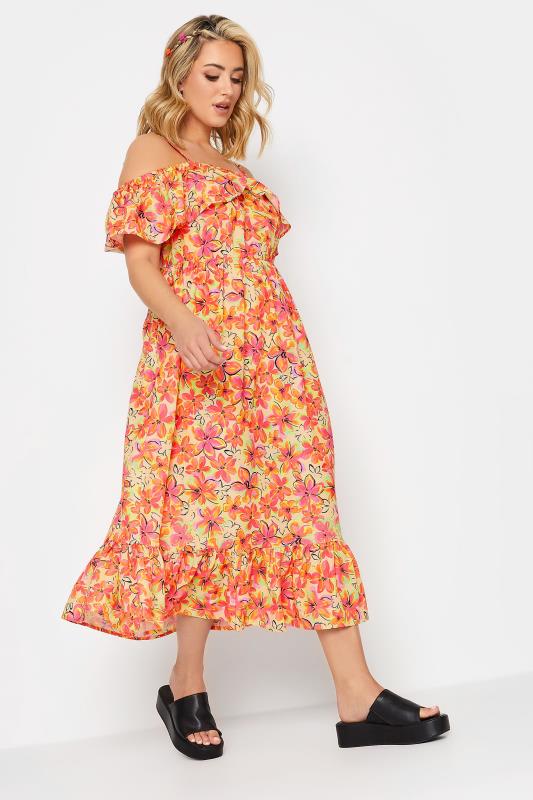YOURS Plus Size Orange Floral Frill Cold Shoulder Midi Dress | Yours Clothing 3