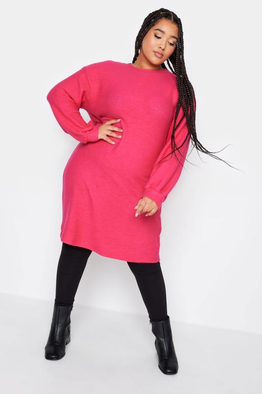 YOURS Plus Size Curve Hot Pink Soft Touch Midi Jumper Dress | Yours Clothing  2