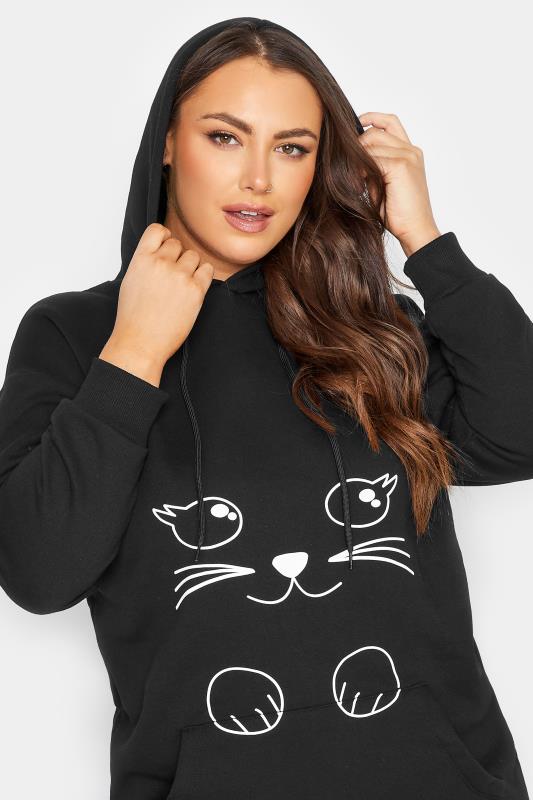 Plus Size Black Cat Graphic Print Hoodie | Yours Clothing 4