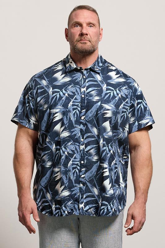 JACK & JONES Big & Tall Navy Blue Tropical Print Short Sleeve Shirt | BadRhino 1