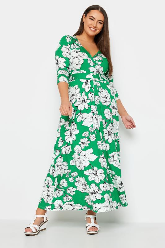 YOURS Curve Green & Peach Tropical Floral Print Wrap Dress | Yours Clothing