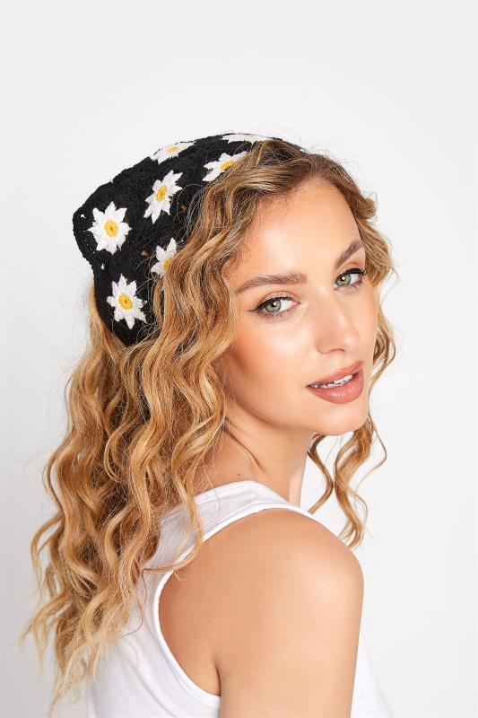 Black Floral Crochet Headscarf 2