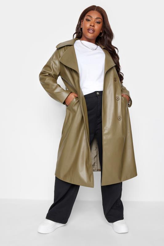 YOURS Plus Size Olive Green Faux Leather Trench Coat | Yours Clothing