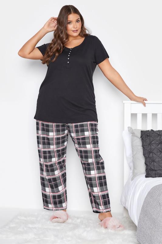 Großen Größen  Black & Pink Glitter Check Print Pyjama Bottoms