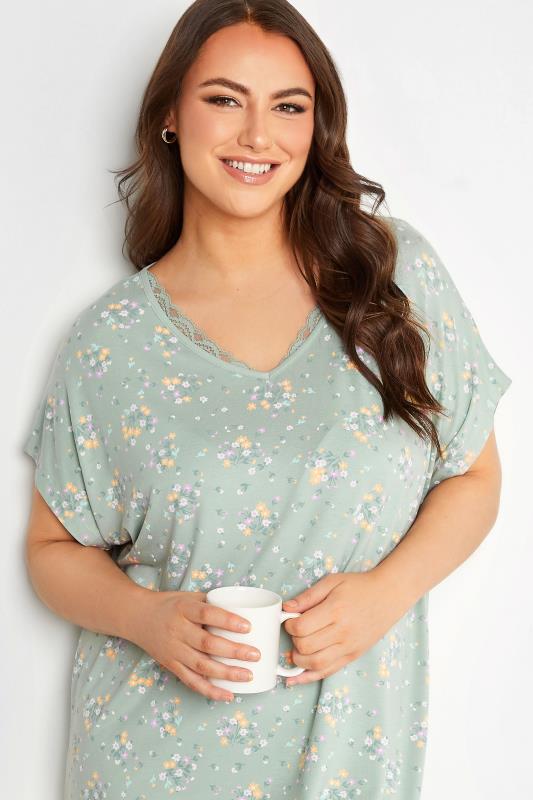 YOURS Curve Plus Size Green Floral Print Soft Touch Nightdress | Yours Clothing  3