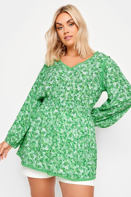 YOURS Plus Size Green Ditsy Floral Print Smock Top | Yours Clothing 1
