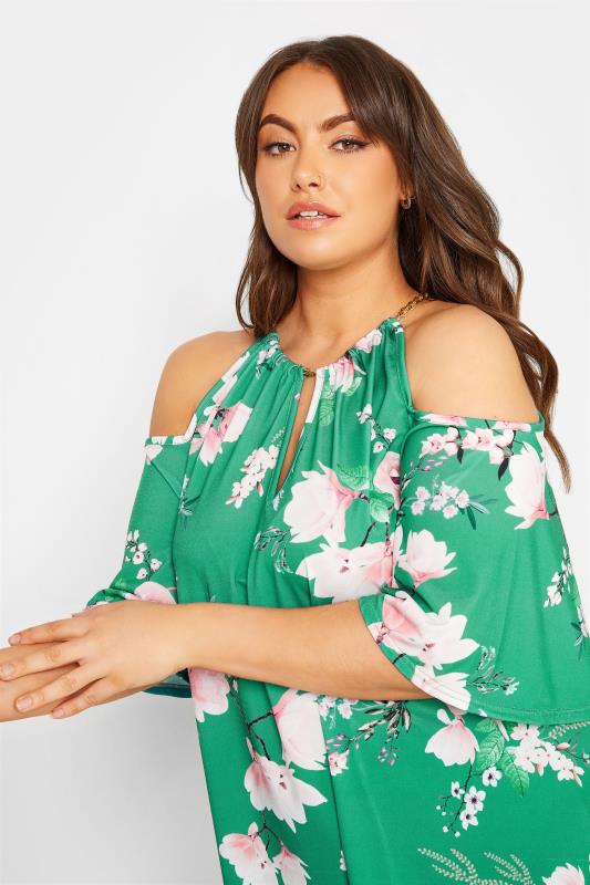 YOURS LONDON Plus Size Green Floral Print Chain Neckline Cold Shoulder Top | Yours Clothing 4