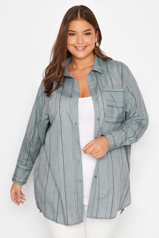 Plus Size Grey Stripe Pocket Oversized Shirt | Yours Clothing 1
