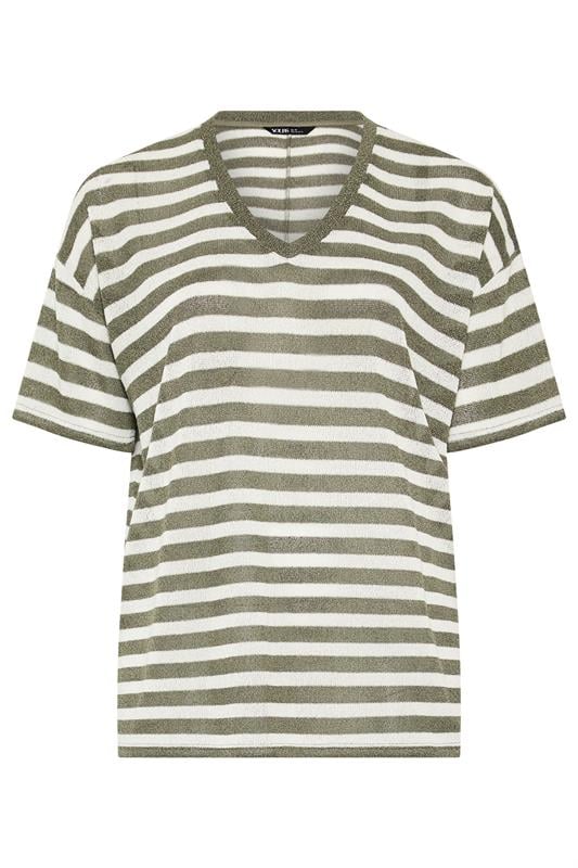 YOURS Plus Size Khaki Green & Ivory White Stripe Knitted T-Shirt | Yours Clothing 5